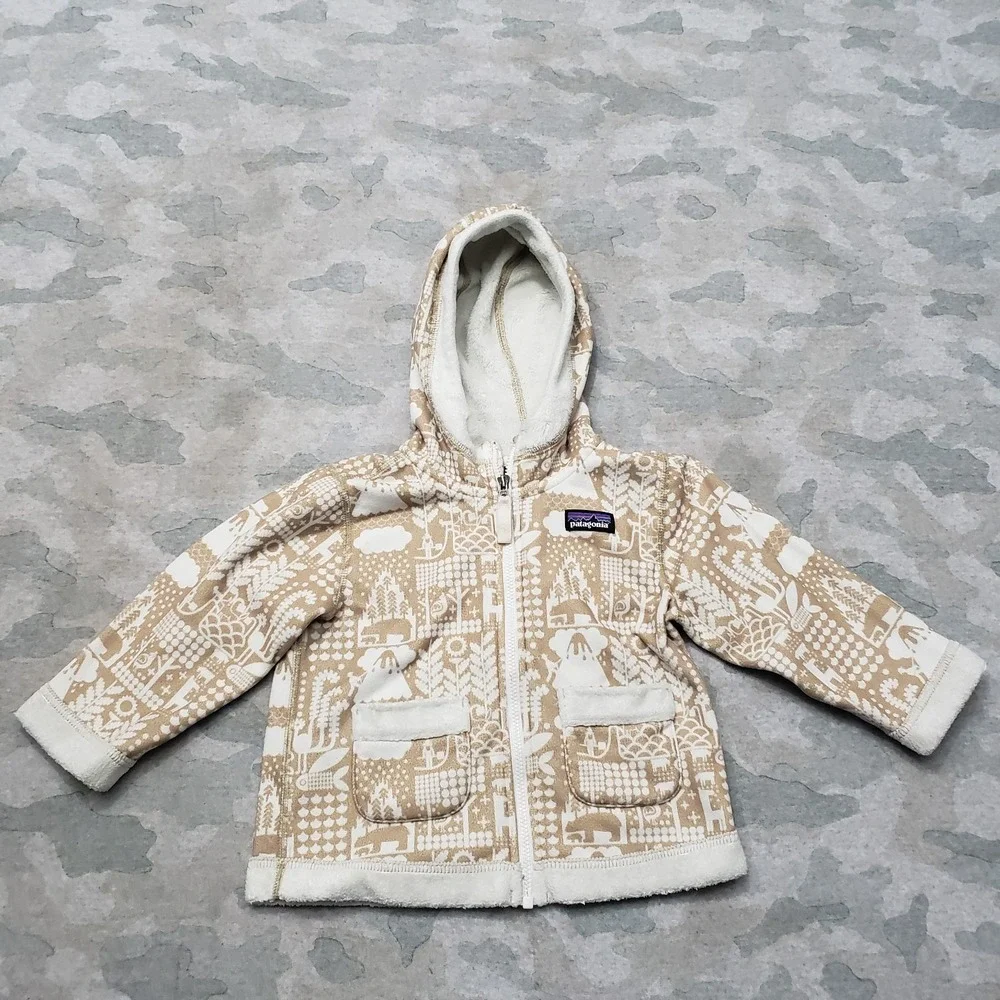 Patagonia Jacket Youth 12-18M Tan Full Zip Pockets Hooded Outdoors Gorpcore